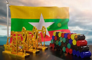 The Myanmar or Burma's petroleum market. Oil pump made of gold and barrels of metal. The concept of oil production, storage and value. Myanmar or Burma flag in background.  3d Rendering.