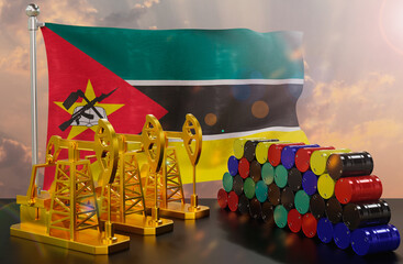 The Mozambique's petroleum market. Oil pump made of gold and barrels of metal. The concept of oil production, storage and value. Mozambique flag in background.  3d Rendering.