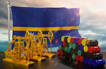 The Nauru's petroleum market. Oil pump made of gold and barrels of metal. The concept of oil production, storage and value. Nauru flag in background.  3d Rendering.