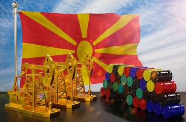 The North Macedonia's petroleum market. Oil pump made of gold and barrels of metal. The concept of oil production, storage and value. North Macedonia flag in background.  3d Rendering.