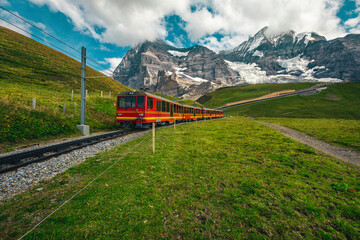 Electric tourist cogwheel train on the green slope in Switzerland