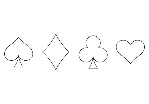 Playing card suit outline symbol set - four shapes of Hearts, Spades, Clubs and Diamonds symbols, vector illustration
