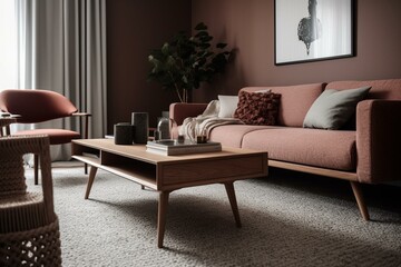A stylish living room with a boucle armchair, claret coffee table, and personal accessories. Beige rug and wooden sideboard add warmth. Home decor template. Generative AI
