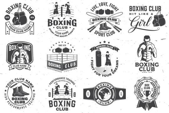 Set of Boxing club badge, logo design. Vector illustration. For Boxing sport club emblem, sign, patch, shirt, template. Vintage monochrome label, sticker with Boxer, gloves, boxing jump rope and shoes