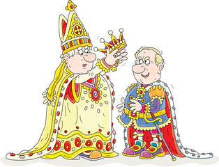 Priest holding a golden royal crown and proclaiming a funny angry king as ruler of a fairytale kingdom at a coronation in a palace, vector cartoon illustration isolated on white