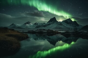 Northern lights above nighttime landscape and reflected in water. Generative AI