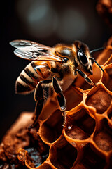 A close up of a bee on a honeycomb. Generative AI