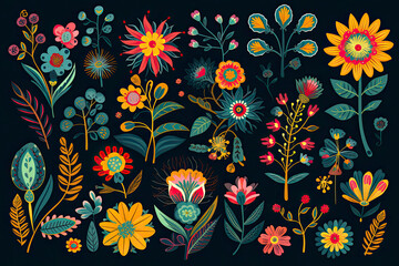 Mexican flowers and florals vector set of bright colorful blooming plants with Mexico ethnic or folk ornaments. Blossoms, flourishes and leaves of Mexican flowers, embroidery pattern or textile design