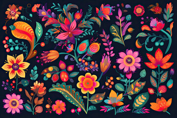 Mexican flowers and florals vector set of bright colorful blooming plants with Mexico ethnic or folk ornaments. Blossoms, flourishes and leaves of Mexican flowers, embroidery pattern or textile design