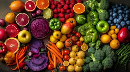 Assortment of fresh organic fruits and vegetables. Al generated