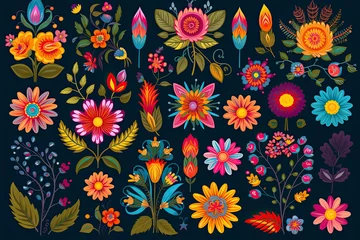 Stickers pour porte Style bohème Mexican flowers and florals vector set of bright colorful blooming plants with Mexico ethnic or folk ornaments. Blossoms, flourishes and leaves of Mexican flowers, embroidery pattern or textile design