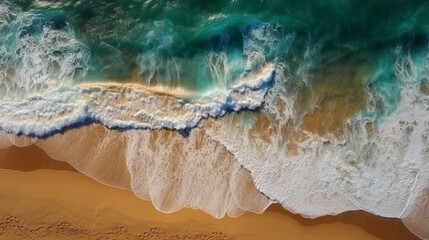 Top view, sandy beach with the ocean and waves visible in the background. AI generated