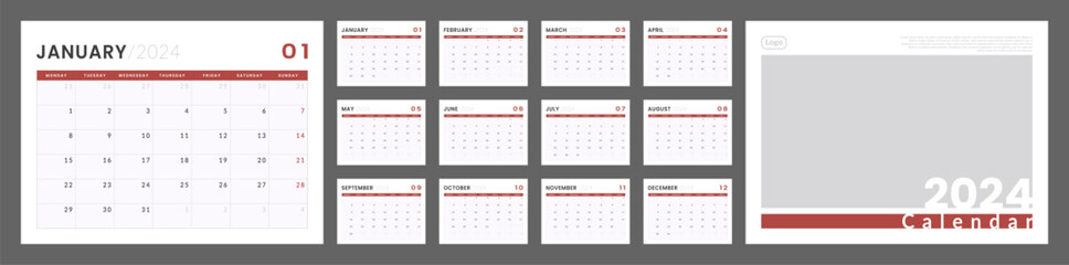 2024 Calendar Planner Template with cover. Vector layout of a wall or desk simple calendar with week start monday. Minimalist corporate calendar design for print
