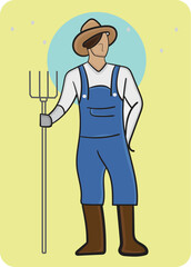 A farmer in a cowboy hat and overalls holds a pitchfork.