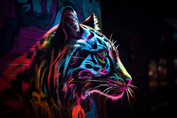 neon graffiti art, close-up, cyberpunk bobcat, futuristic and edgy