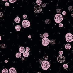 Blush pink roses and abstract dots on black background, hand drawn floral pattern