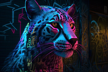 neon graffiti art, close-up, cyberpunk bobcat, futuristic and edgy