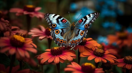 Blue butterfly in surrounded by colorful flowers. Al generated