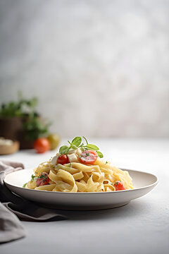 Homemade tagliatelle pasta with creamy sauce and tomatoes. Italian food. AI generated