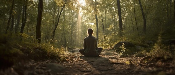 A serene photo of a person meditating in a sun-dappled clearing, generative Ai