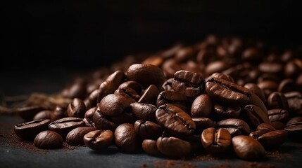 Brown roasted coffee beans close-up on dark background. Al generated