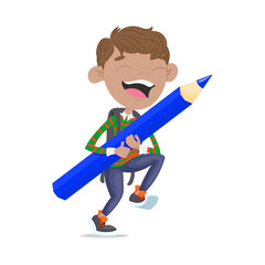 School boy with pencil. Cartoon funny illustration