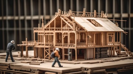 Fototapeta na wymiar Building house wooden layout miniature on blueprints with worker construct. Al generated