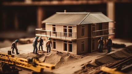 Obraz premium Building house wooden layout miniature on blueprints with worker construct. Al generated