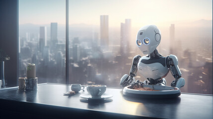 A sleek and modern robot assistant standing in a bright office