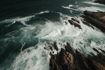 Aerial view of rugged coast with crashing waves. Generative AI