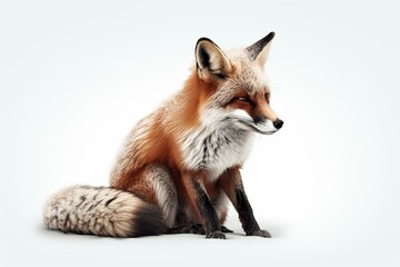 A lone fox sits on a white background. An illustration of a forest animal. Generative AI