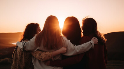 Eine Gruppe von Freunden umarmt sich vor einem schönen Sonnenuntergang, generative KI