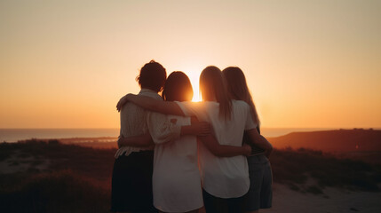 Eine Gruppe von Freunden umarmt sich vor einem sch&ouml;nen Sonnenuntergang, generative KI