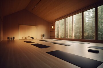 Yoga studio, empty yoga studio, meditation, pilates studio, yoga class. Generative AI.