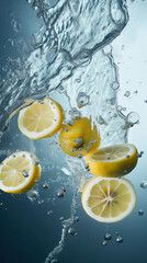 Fototapeta na wymiar Lemon slices dropping in clear water, making splashes, generative ai