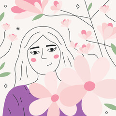 A young woman surrounded by magnolia flowers. Spring vector illustration in hand-drawn flat style