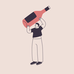 A man holds a giant bottle of wine over his head. Cute character in trendy style. Vector isolated illustration for the design of a wine theme.