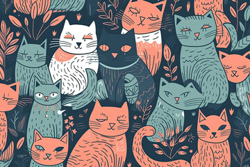 Seamless pattern with cute colorful Kittens. Creative childish pink texture