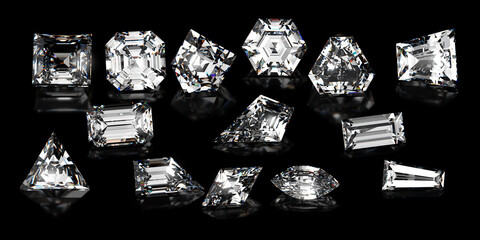 Step-cut diamonds of various shapes on black glossy background. 3d illustration