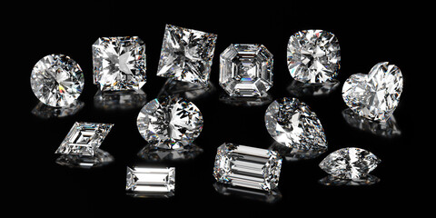 Twelve diamonds of the most popular shapes on black glossy background. 3d illustration