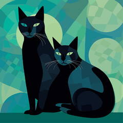 Two black cats. Handmade drawing vector illustration. Retro style poster. Art deco style. Blue-green color