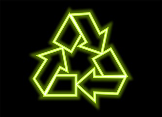green glowing neon recycle on black sign