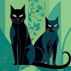 Two black cats. Handmade drawing vector illustration. Retro style poster. Art deco style. Blue-green color