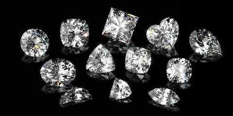 Brilliant-cut diamonds of various shapes on black glossy background. 3d illustration