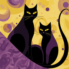 Two black cats. Handmade drawing vector illustration. Retro style poster. Art deco style. Purple-yellow color