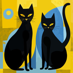 Two black cats. Handmade drawing vector illustration. Retro style poster. Art deco style. Blue-yellow color