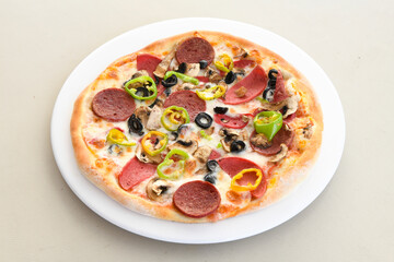 Delicious mixed pizza with rich content. Menu concept of choice and diversity. Karisik pizza
