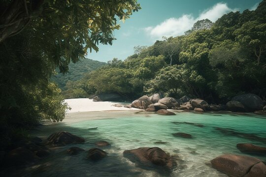 Stunning tropical beach lagoon surrounded by lush jungle foliage, perfect as desktop wallpaper, screensaver or background image. Generative AI
