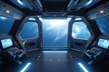 Spaceship interior with view on the planet Earth 3D rendering elements of this image furnished by NASA © rufous
