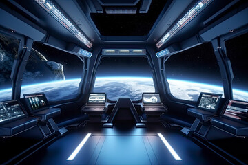 Spaceship interior with view on the planet Earth 3D rendering elements of this image furnished by NASA - obrazy, fototapety, plakaty
